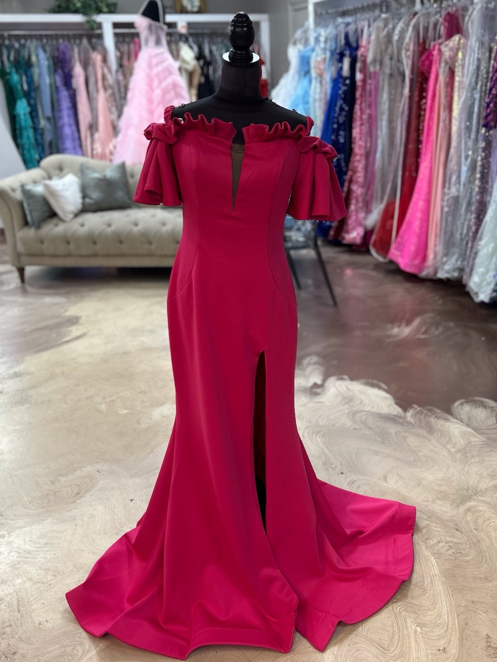 Off-Shoulder Fuchsia Prom Gown with Front Slit